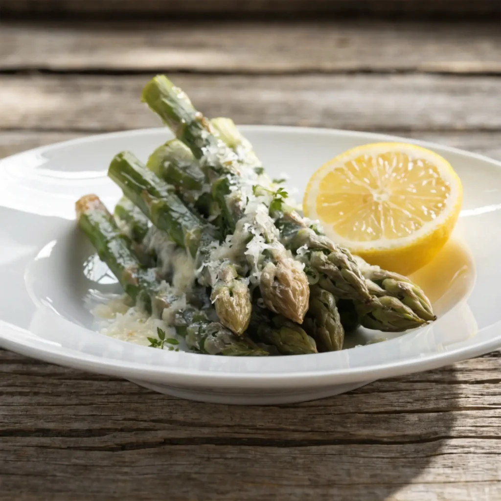 Grüner Spargel im Airfryer servieren: Geröstete Spargelstangen mit Parmesan, Zitrone und Kräutern auf weißem Teller mit rustikalem Holz-Hintergrund