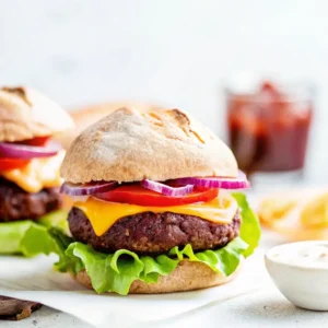Burger servieren: Selbstgemachte Burger mit Rindfleisch-Patty, geschmolzenem Cheddar, Salat, Tomate und roten Zwiebeln auf rustikalen Brötchen