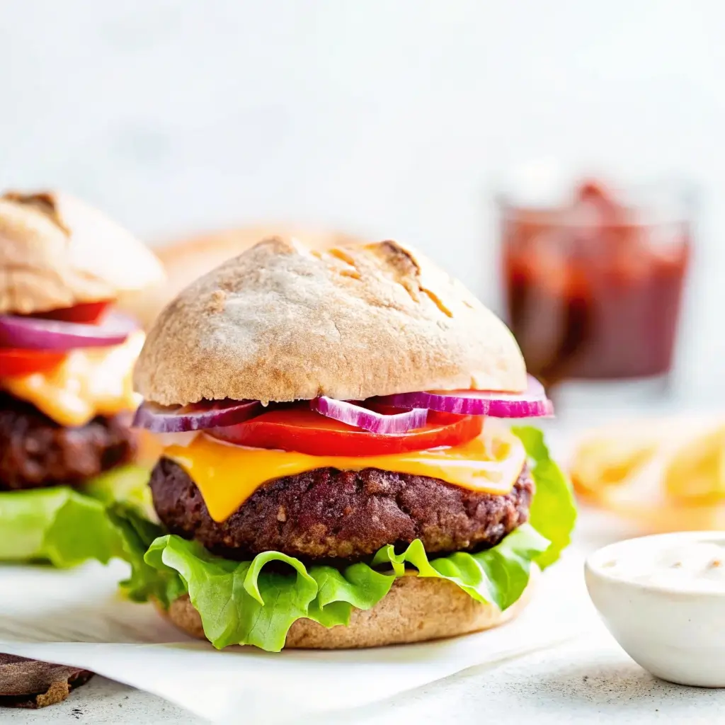 Burger servieren: Selbstgemachte Burger mit Rindfleisch-Patty, geschmolzenem Cheddar, Salat, Tomate und roten Zwiebeln auf rustikalen Brötchen