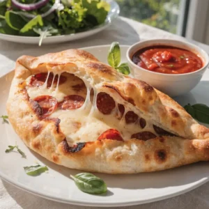 Calzone aus dem Airfryer: Aufgeschnittene gefüllte Teigtasche mit schmelzendem Käse und Salami, dazu Tomatensauce und Salat auf weißem Teller