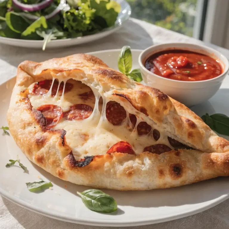 Calzone aus dem Airfryer: Aufgeschnittene gefüllte Teigtasche mit schmelzendem Käse und Salami, dazu Tomatensauce und Salat auf weißem Teller