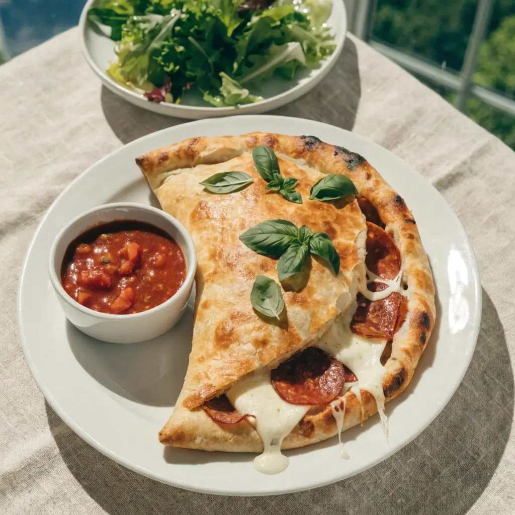 Die Calzone aus dem Airfryer halbiert mit schmelzendem Käse und Peperoni, dazu Marinara-Sauce und Basilikum auf weißem Teller serviert

