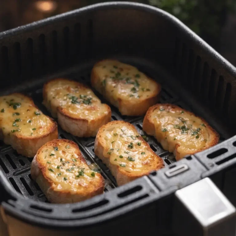Knoblauchbrot aus dem Airfryer: Goldbraune Baguette-Scheiben mit Kräuterbutter und Knoblauch im schwarzen Fritteusen-Korb