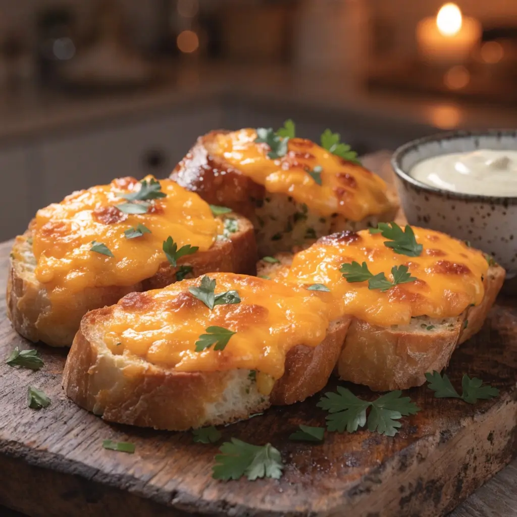 Knoblauchbrot aus dem Airfryer servieren: Goldbraune Baguette-Scheiben mit geschmolzenem Cheddar und Petersilie auf rustikalem Holzbrett, dazu cremiger Dip