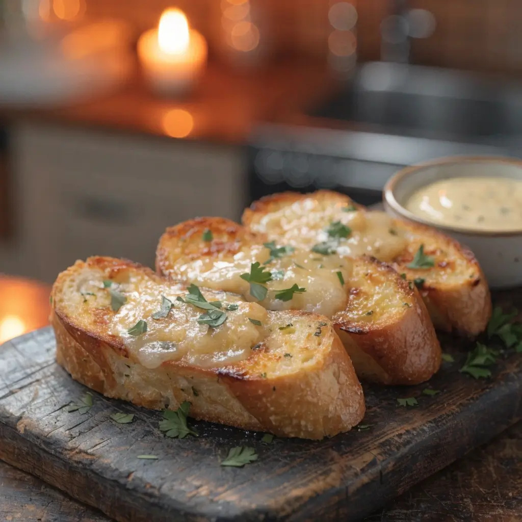 Knoblauchbrot servieren: Goldbraune Baguette-Scheiben mit geschmolzenem Käse und frischen Kräutern auf rustikalem Holzbrett, dazu Dip-Sauce
