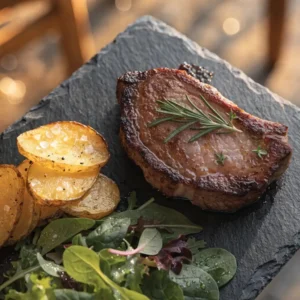 Saftige Koteletts im Airfryer servieren mit knusprigen Kartoffeln und frischem Salat auf schwarzer Platte