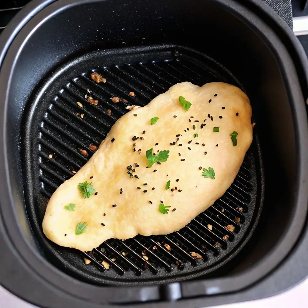 Naan Brot aus dem Airfryer: Flaches indisches Brot mit Sesam und Kräutern auf Grillrost im schwarzen Airfryer-Korb