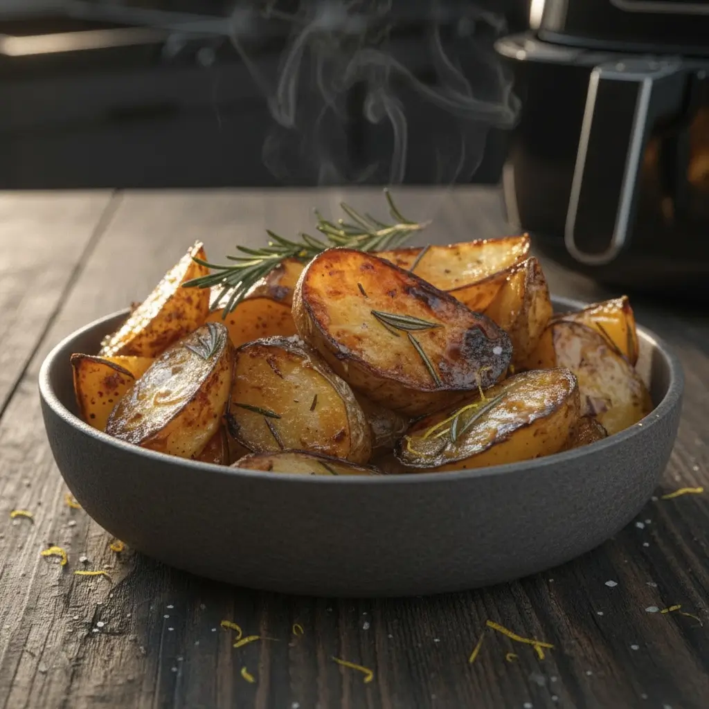 Rosmarinkartoffeln im Airfryer: Dampfende goldbraune Kartoffelwedges mit frischen Rosmarinzweigen in grauer Schale auf Holztisch