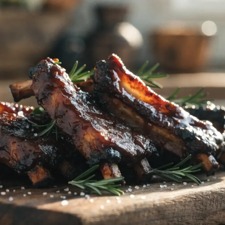 Spareribs im Airfryer: Glasierte BBQ-Ribs mit Rosmarin und BBQ-Sauce auf rustikalem Holzbrett