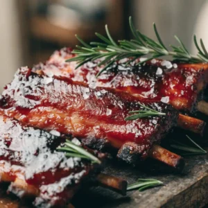 Spareribs im Airfryer Tipps: Glasierte BBQ-Ribs mit grobem Meersalz und frischem Rosmarin auf rustikalem Holzbrett