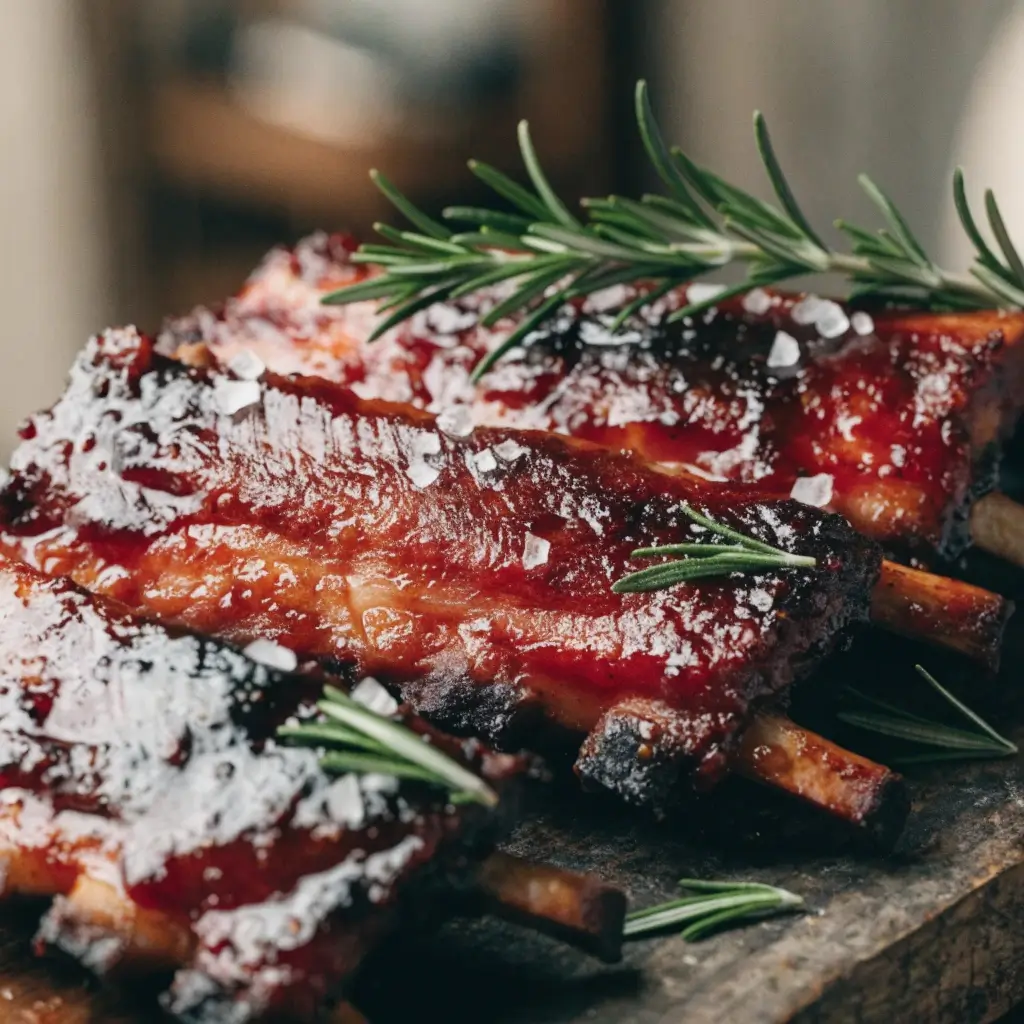 Spareribs im Airfryer Tipps: Glasierte BBQ-Ribs mit grobem Meersalz und frischem Rosmarin auf rustikalem Holzbrett