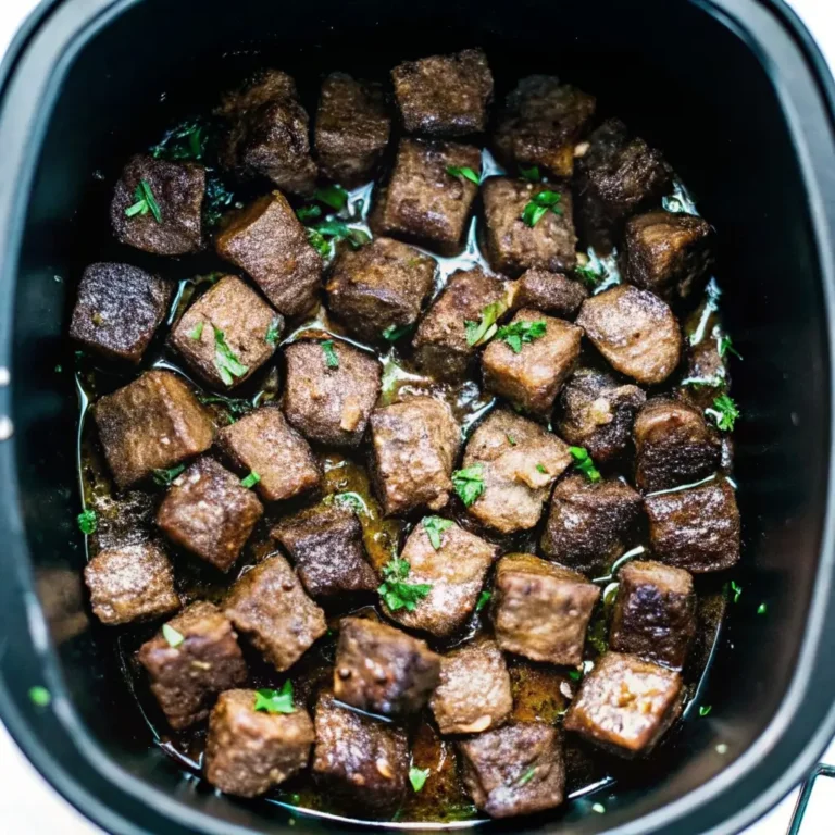 Steakbissen aus dem Airfryer: Goldbraune Rindfleischwürfel mit frischen Kräutern im schwarzen Fritteusen-Korb