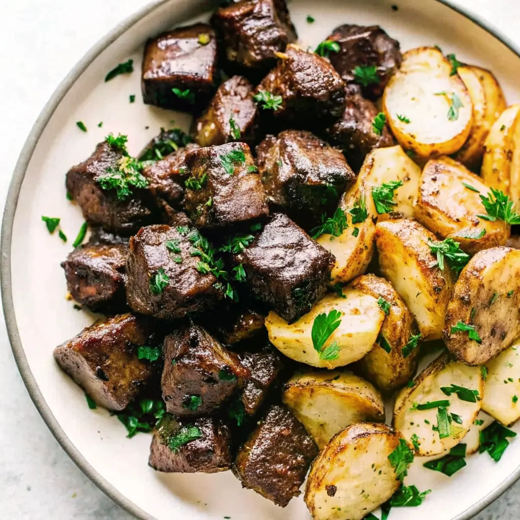 Steakbissen servieren: Saftige Rindfleischwürfel mit gerösteten Kartoffeln und frischer Petersilie auf weißem Teller