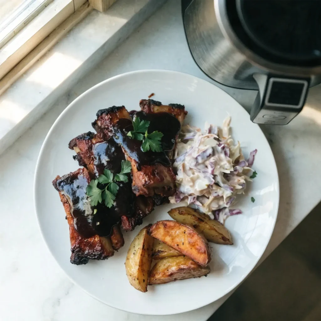 Die Rippchen servieren: BBQ-Ribs mit dunkler Sauce, Krautsalat und Ofenkartoffeln auf weißem Teller, daneben Instant Pot