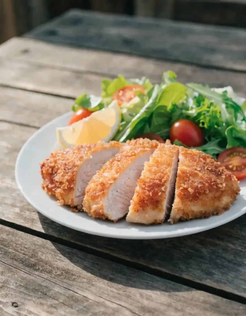 Knuspriges Parmesan-Hähnchen aus der Heißluftfritteuse mit frischem Salat und Zitrone auf Holztisch serviert