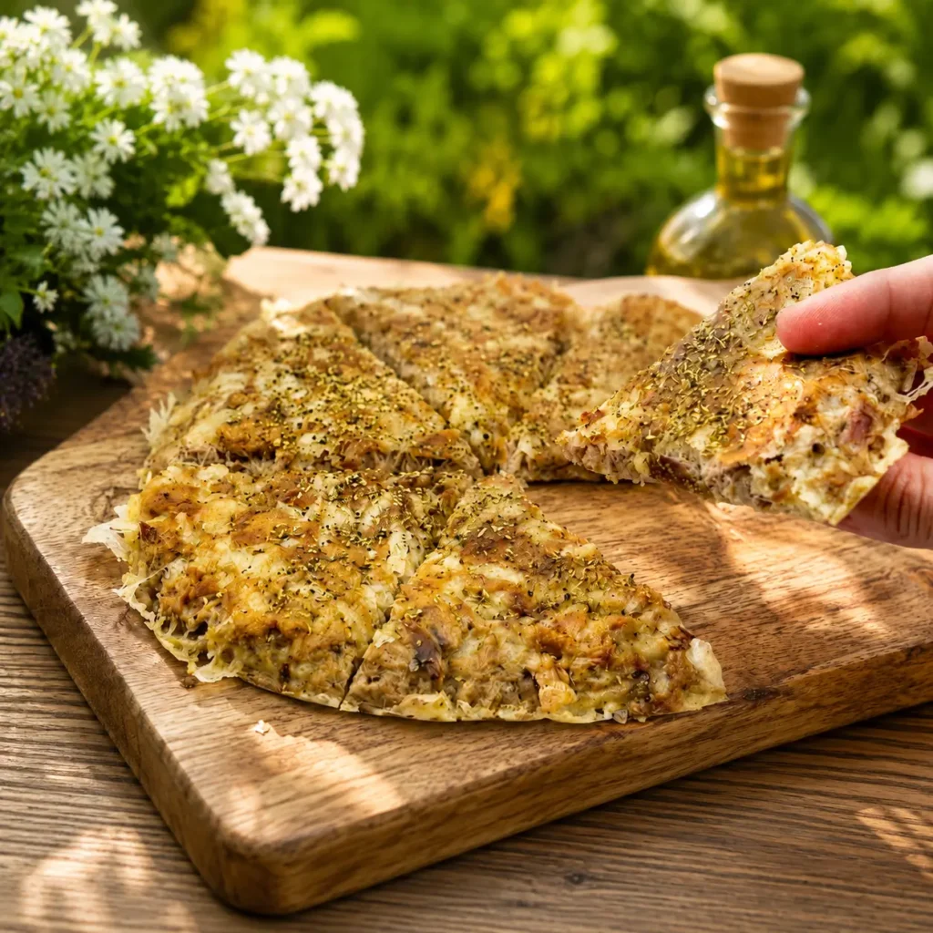 Protein Pizza im Airfryer Test: Hand hält knuspriges Pizza-Stück auf Holzbrett im Garten mit Olivenöl und Blumen