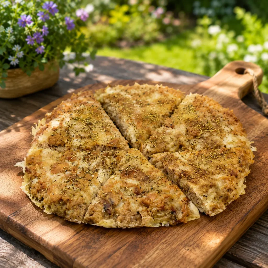 Protein Pizza in Stücke geschnitten auf rustikalem Holzbrett im Garten serviert, mit frischen Kräutern bestreut und Blumen im Hintergrund