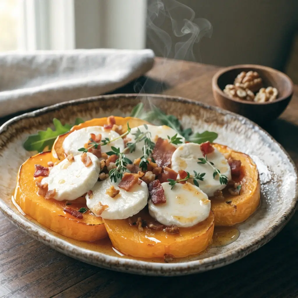 Dampfende Butternut-Kürbisscheiben aus dem Airfryer, serviert mit Ziegenkäse, Speckwürfeln, Walnüssen und frischem Thymian auf einem rustikalen Teller.