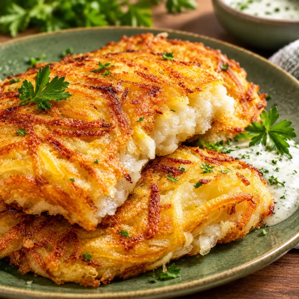 Goldbraune, knusprige Kartoffelrösti auf einem grünen Teller serviert, garniert mit frischer Petersilie und einem cremigen Dip.