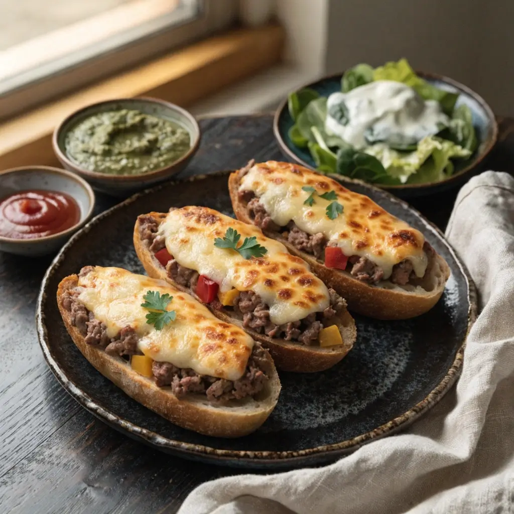 Drei goldbraun überbackene Pizza-Hackfleisch-Brötchen aus dem Airfryer auf einem dunklen Teller, serviert mit verschiedenen Dips und einem kleinen Salat.